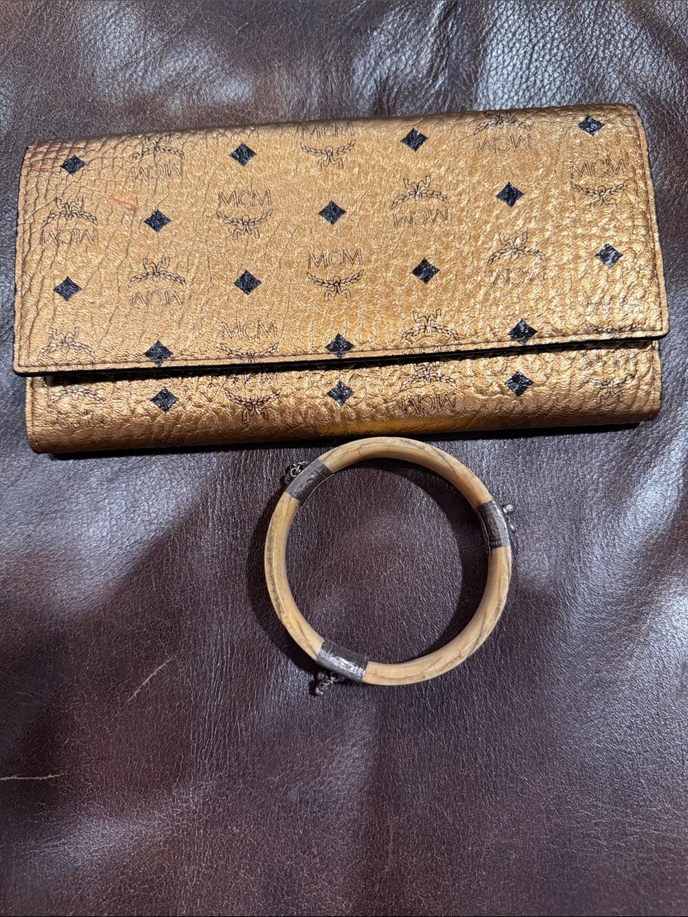 MCM Metallic Gold Logo Fold Wallet